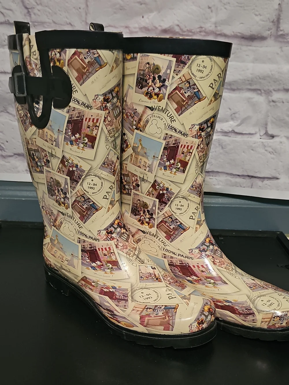 Paris-Disney Cream Postcard-Print Women's Rain Boots with Black Trim
